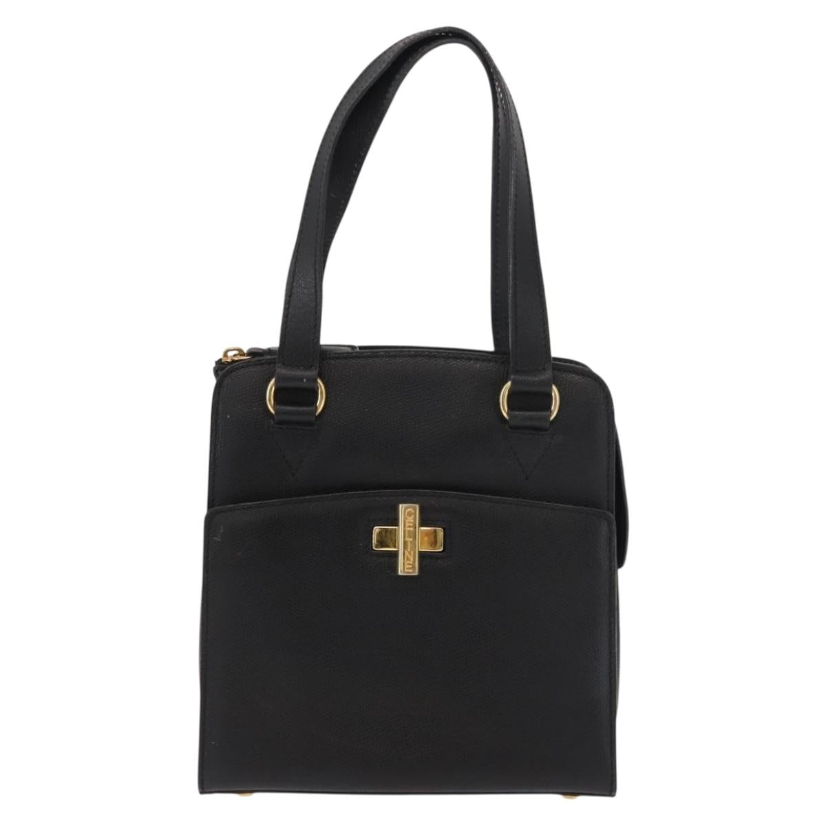 CELINE Hand Bag Leather 2way Black Gold Auth 151063