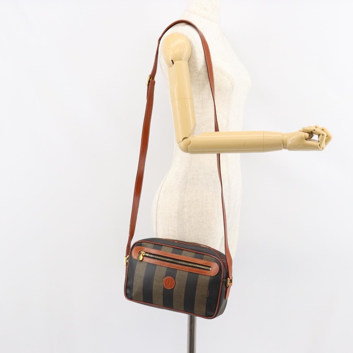 FENDI Pecan Canvas Shoulder Bag PVC Black Brown gold Auth 151064