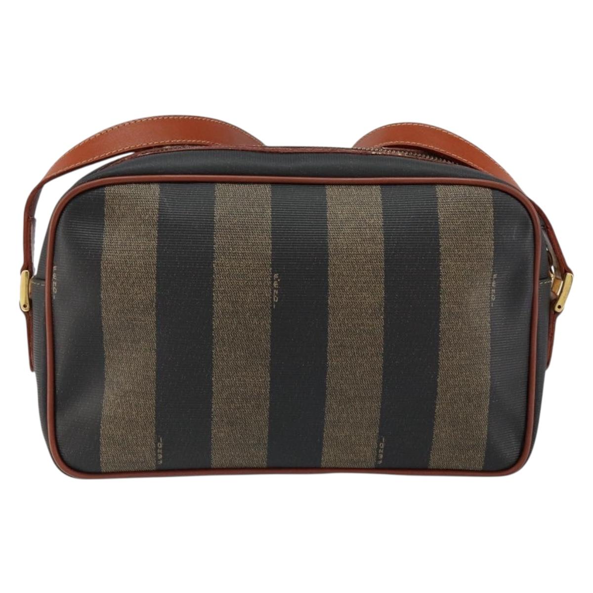 FENDI Pecan Canvas Shoulder Bag PVC Black Brown gold Auth 151064