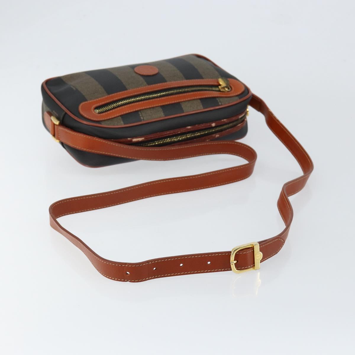 FENDI Pecan Canvas Shoulder Bag PVC Black Brown gold Auth 151064