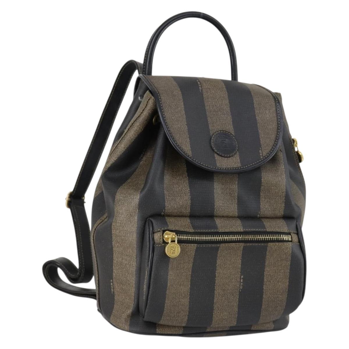 FENDI Pecan Canvas Backpack PVC Brown Black gold Auth 151065