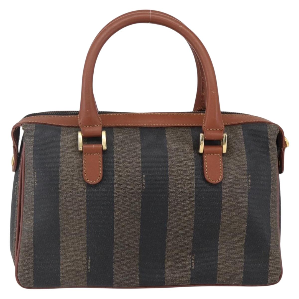 FENDI Pecan Canvas Hand Bag PVC Black Brown gold Auth 151066