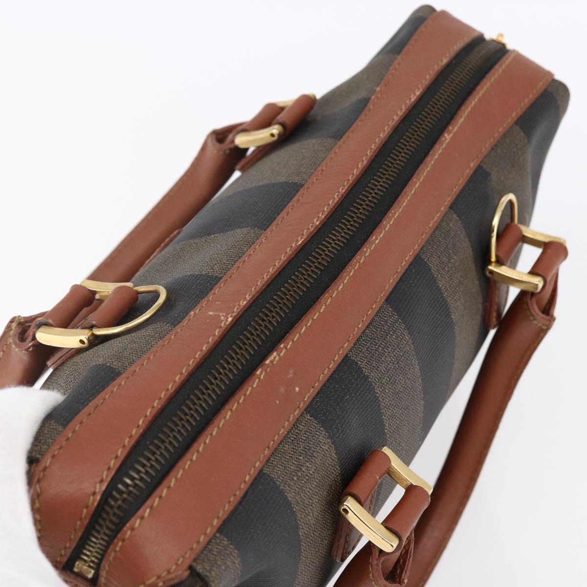 FENDI Pecan Canvas Hand Bag PVC Black Brown gold Auth 151066