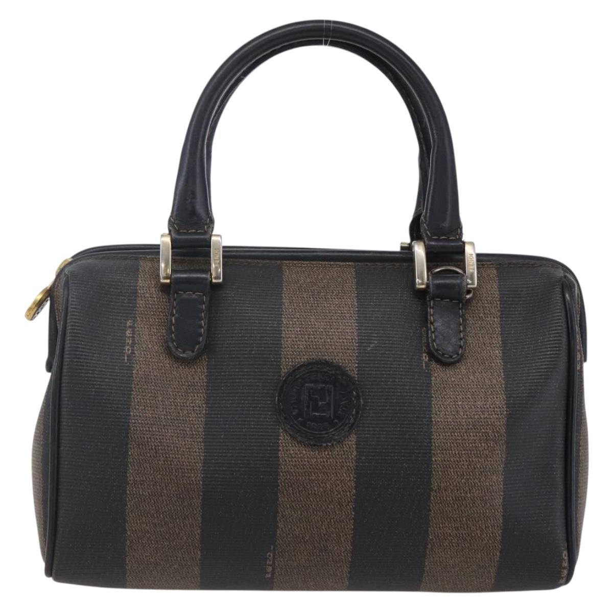 FENDI Pecan Canvas mini Boston Bag PVC Brown Gold black Auth 151067