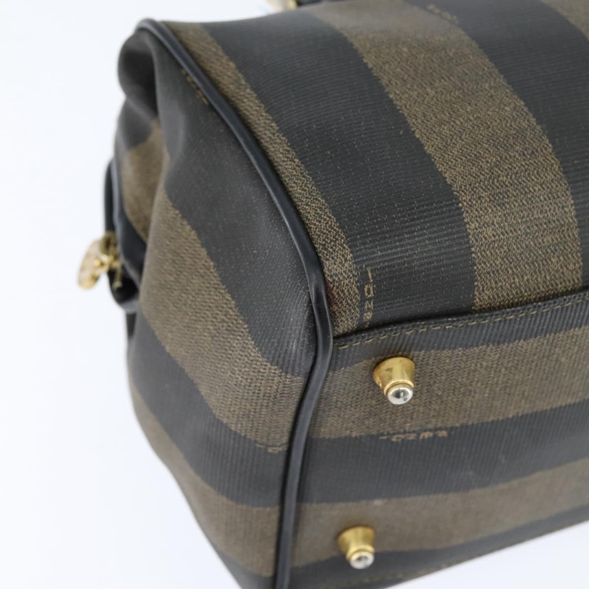 FENDI Pecan Canvas Boston Bag PVC Black Brown gold Auth 151068