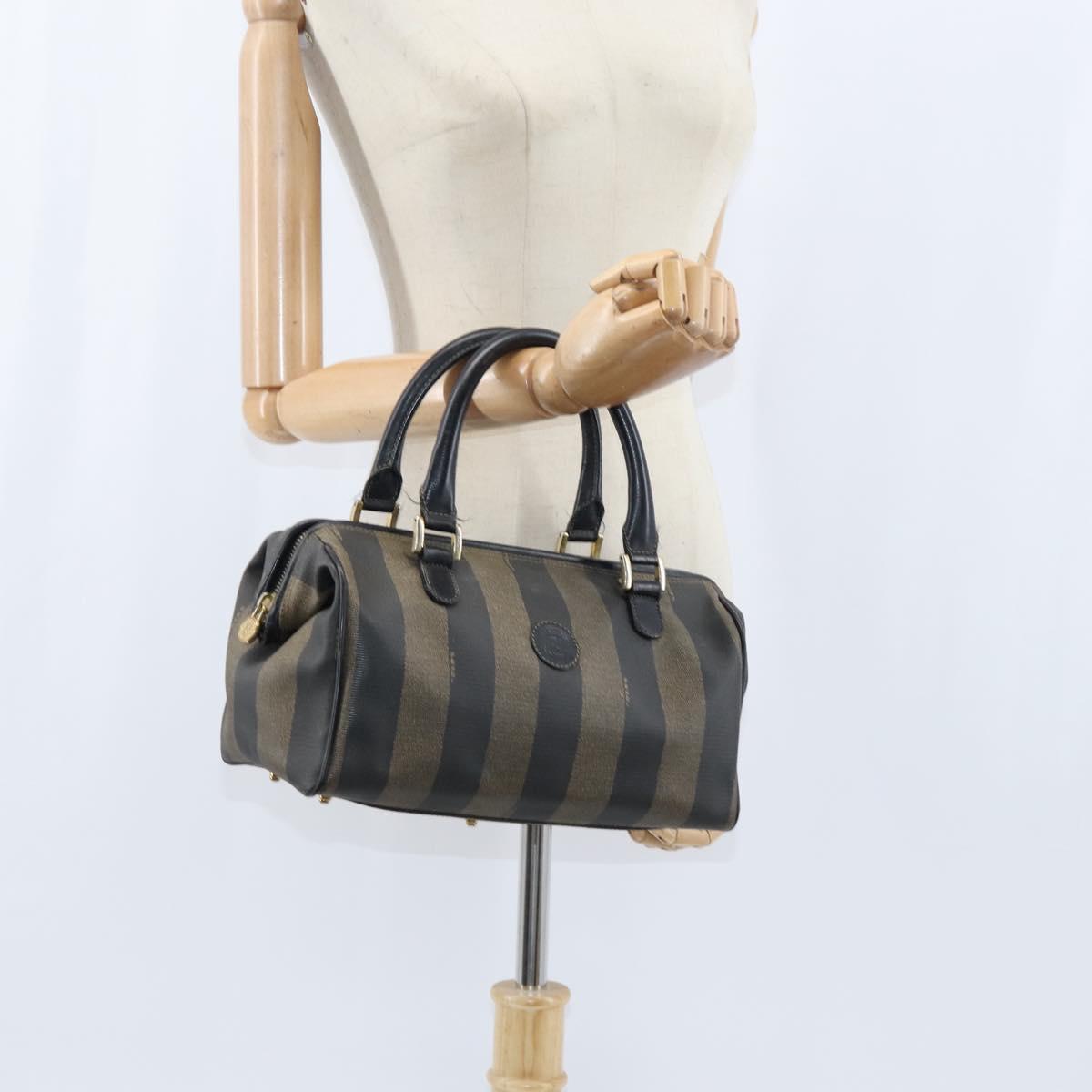 FENDI Pecan Canvas Boston Bag PVC Black Brown gold Auth 151068