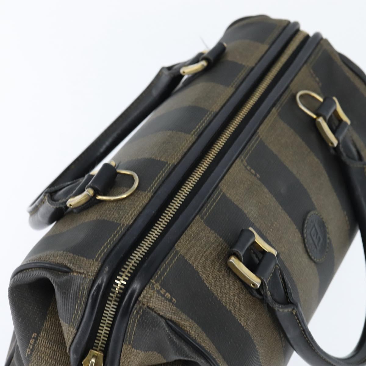 FENDI Pecan Canvas Boston Bag PVC Black Brown gold Auth 151068