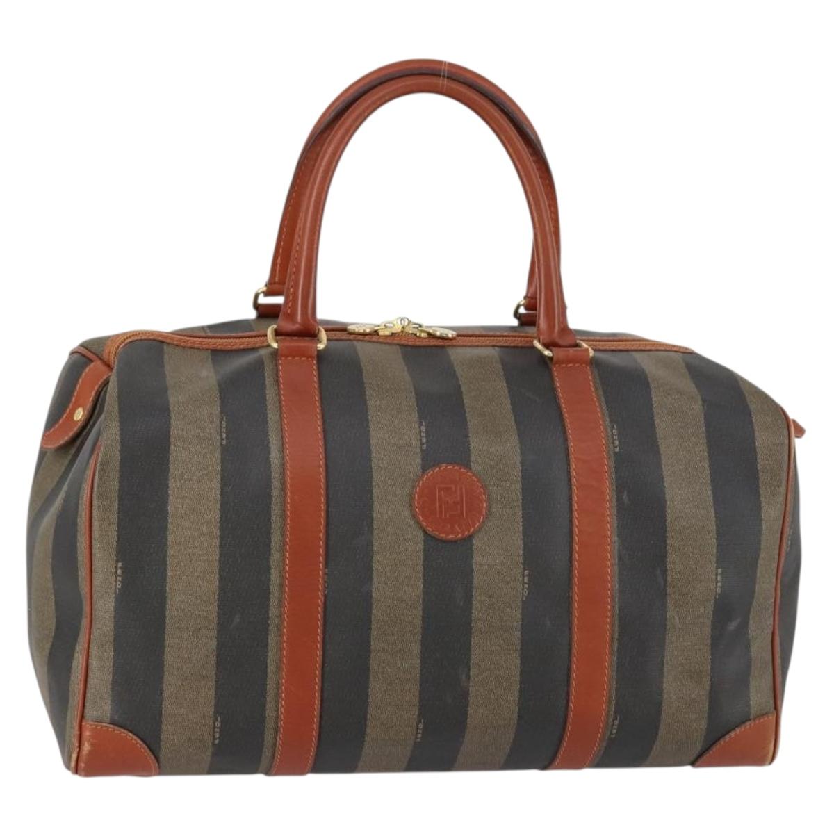 FENDI Pecan Canvas Boston Bag PVC Black Brown gold Auth 151069A