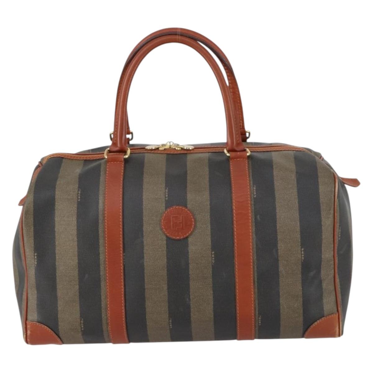FENDI Pecan Canvas Boston Bag PVC Black Brown gold Auth 151069A