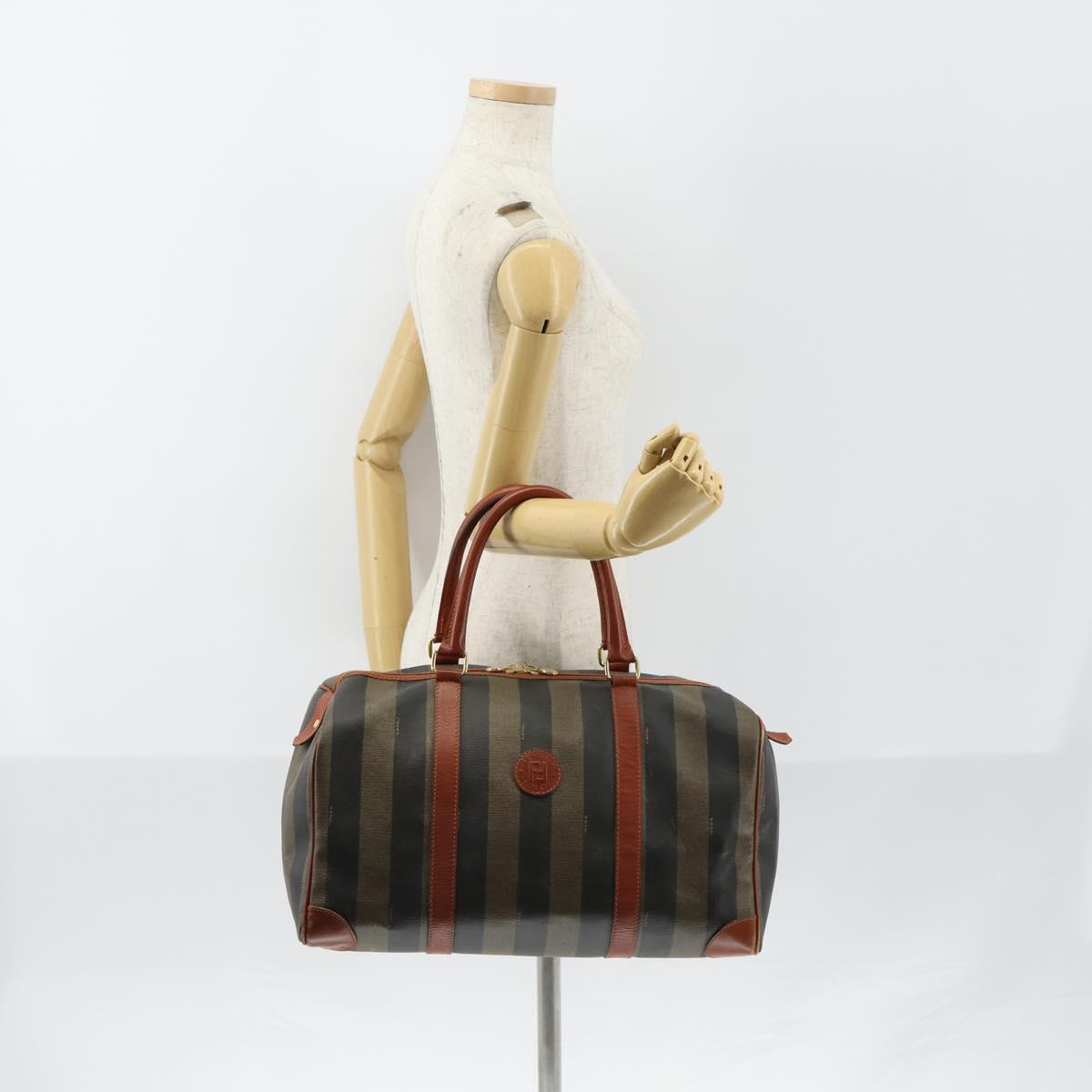 FENDI Pecan Canvas Boston Bag PVC Black Brown gold Auth 151069A