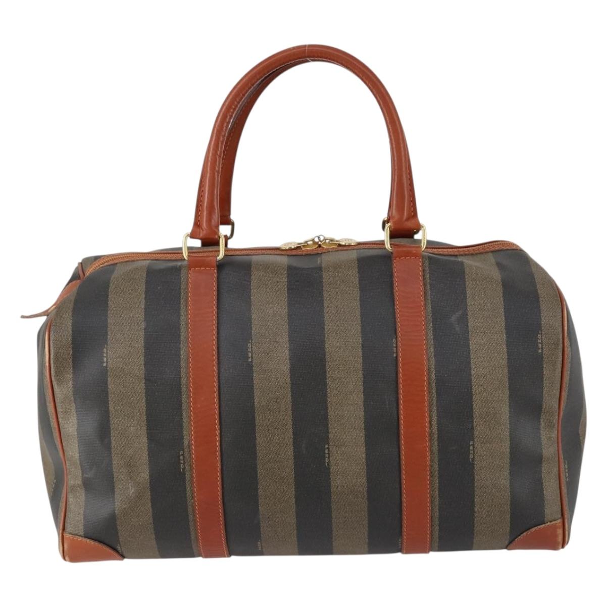 FENDI Pecan Canvas Boston Bag PVC Black Brown gold Auth 151069A