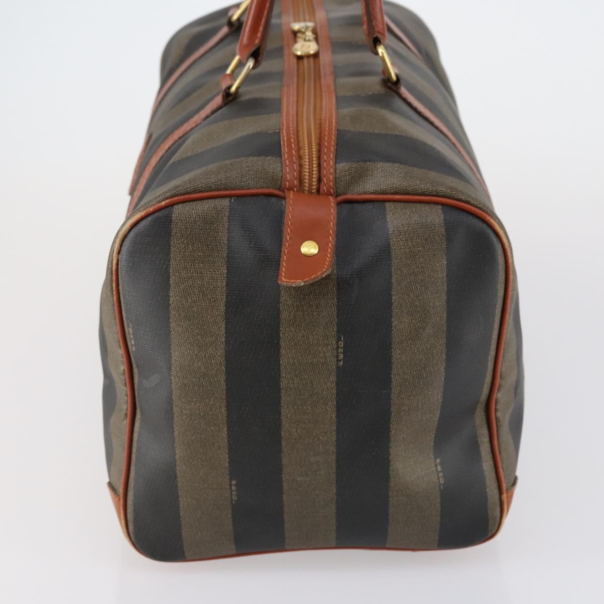 FENDI Pecan Canvas Boston Bag PVC Black Brown gold Auth 151069A