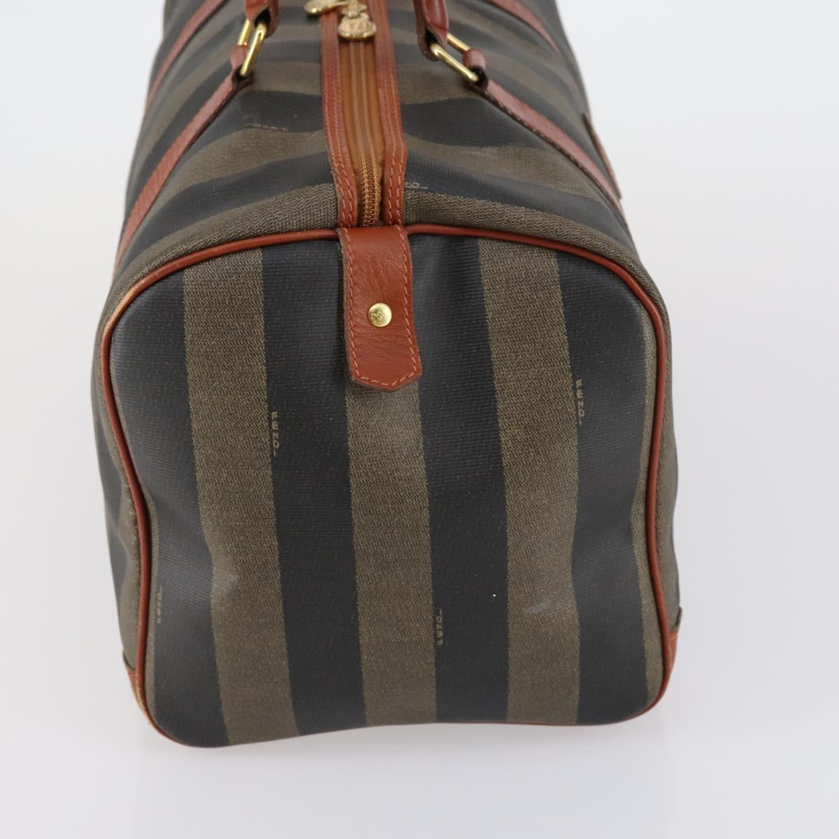 FENDI Pecan Canvas Boston Bag PVC Black Brown gold Auth 151069