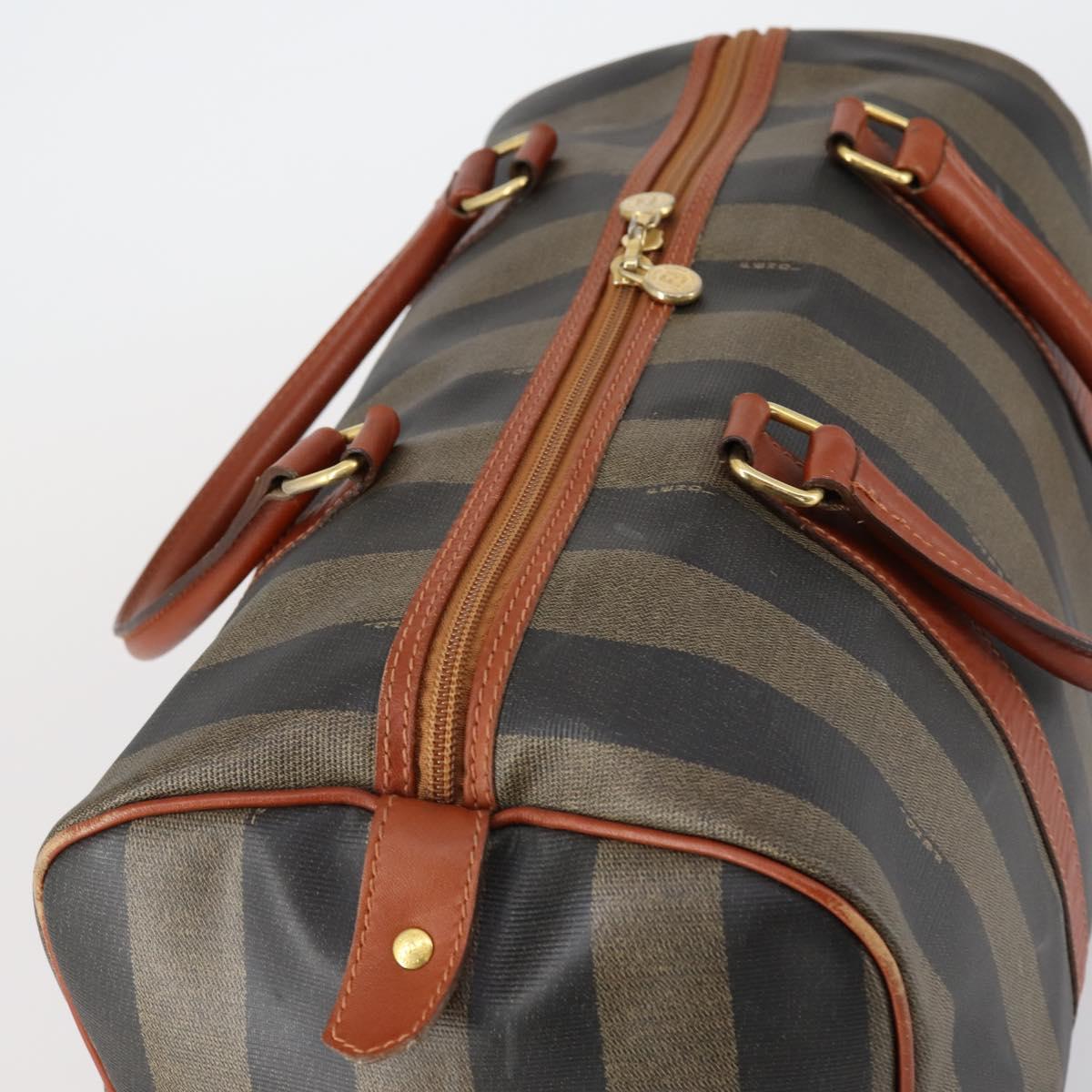FENDI Pecan Canvas Boston Bag PVC Black Brown gold Auth 151069A