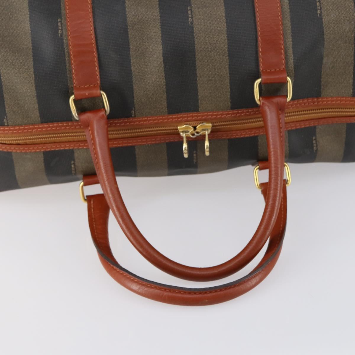 FENDI Pecan Canvas Boston Bag PVC Black Brown gold Auth 151069A