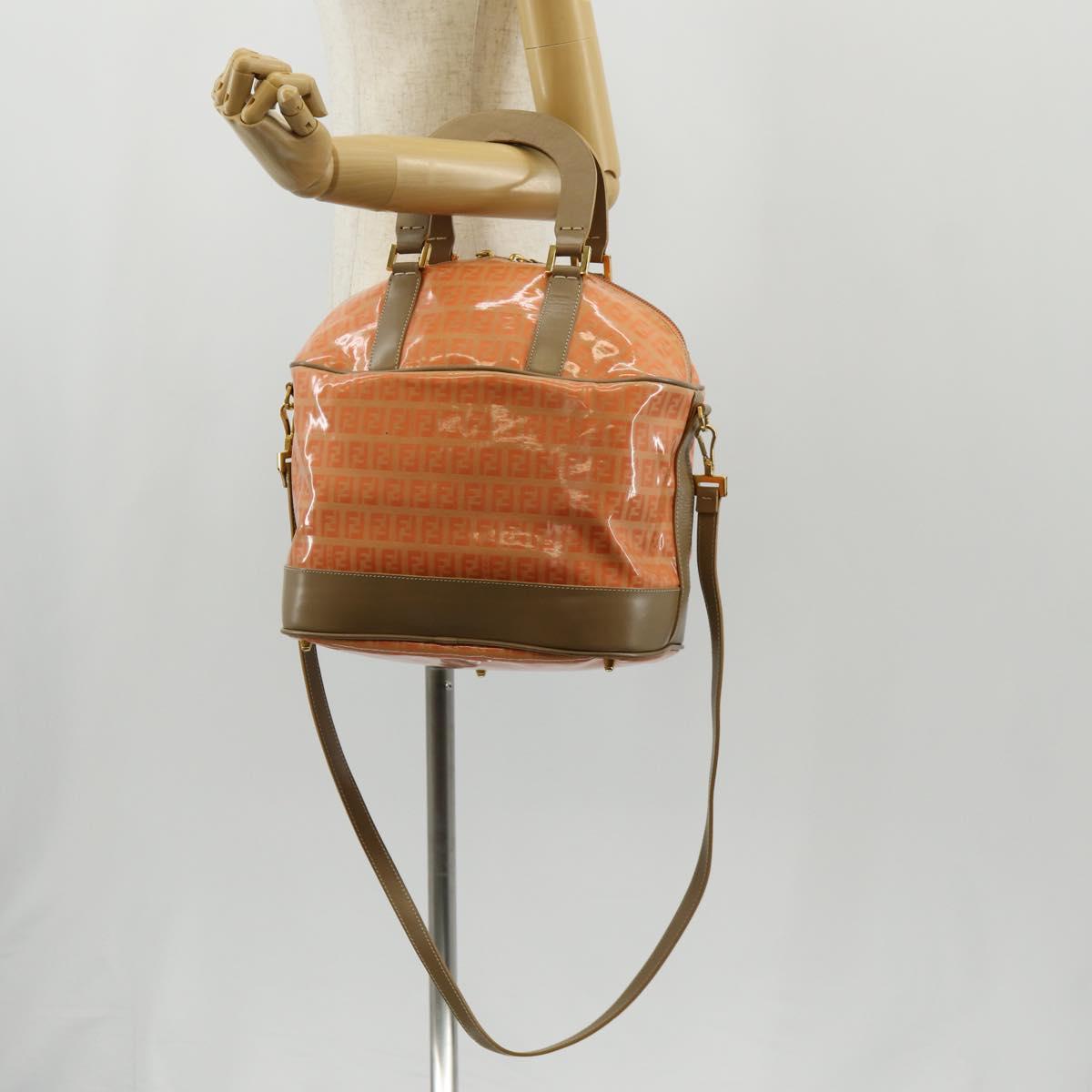 FENDI Zucchino Canvas Boston Bag PVC 2way Orange Gold Auth 151071