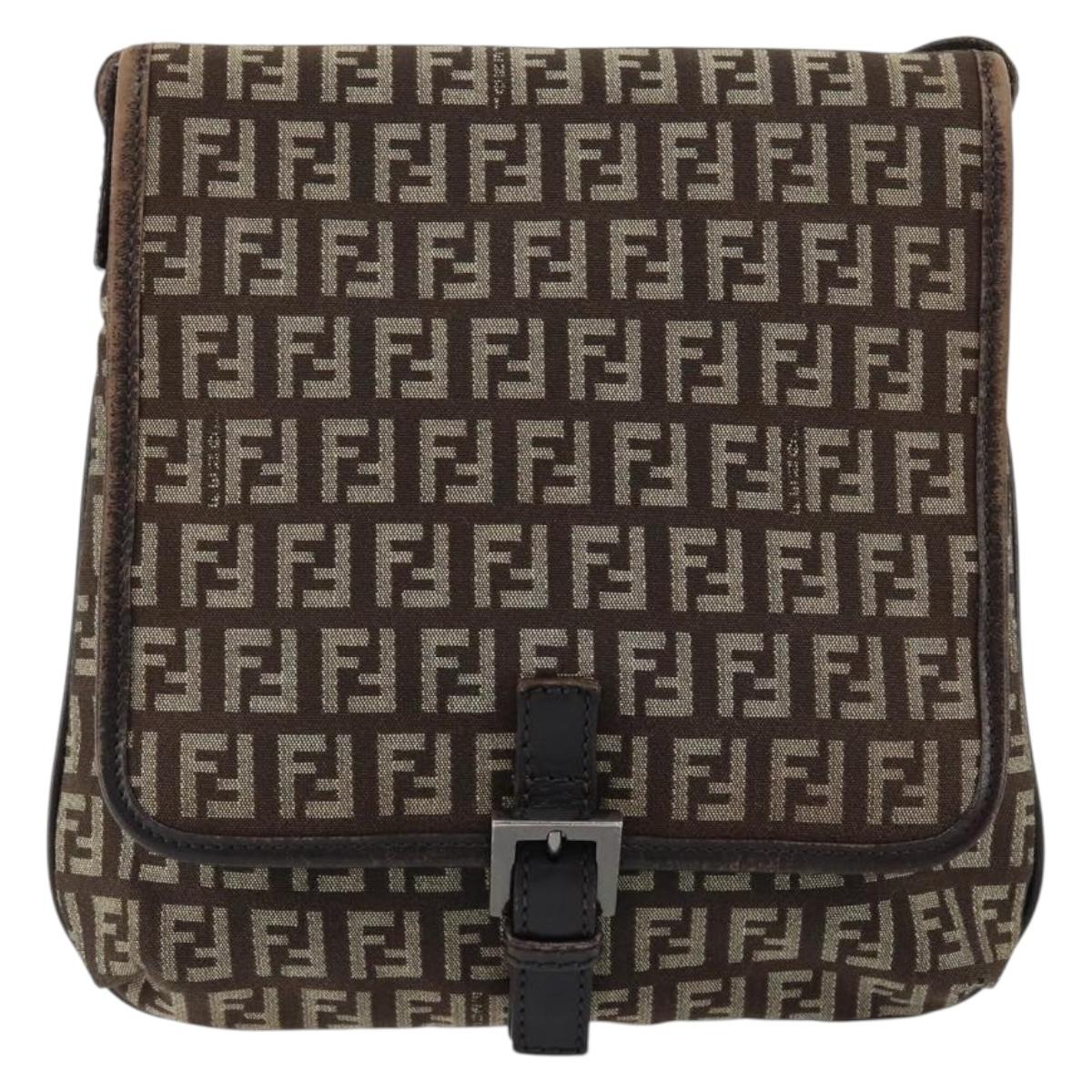 FENDI Zucchino Canvas Mamma Baguette Shoulder Bag Brown Silver Auth 151072
