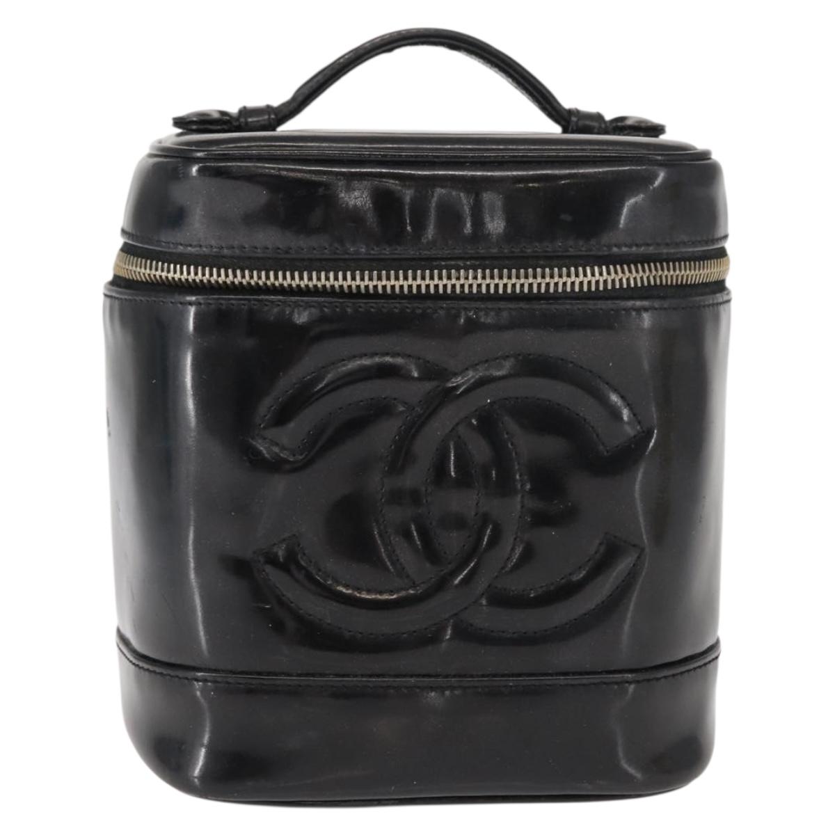 CHANEL COCO Mark Vanity Cosmetic Pouch Patent leather Black Gold CC Auth 151138