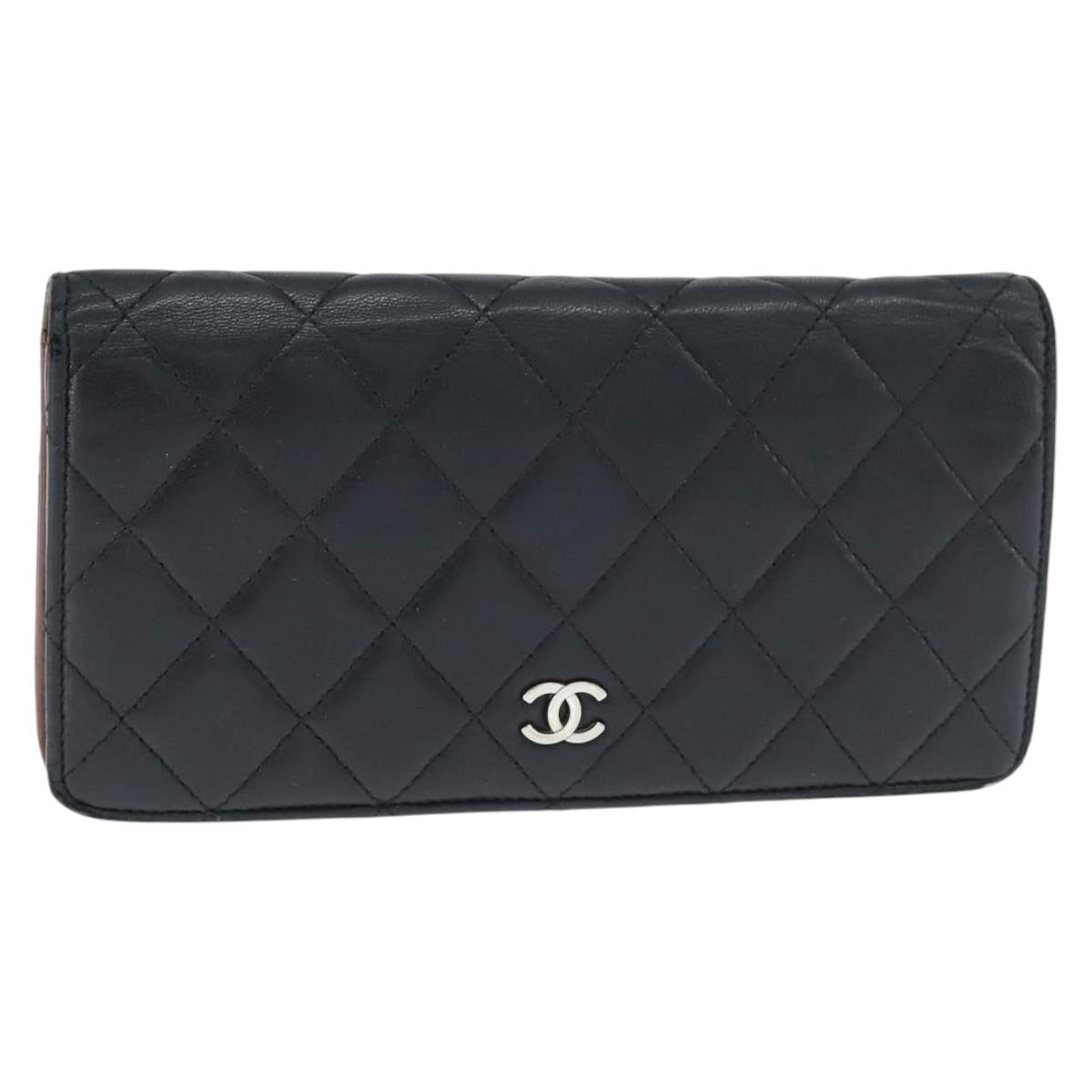 CHANEL Matelasse Long Wallet Lamb Skin Black Silver CC Auth 151173