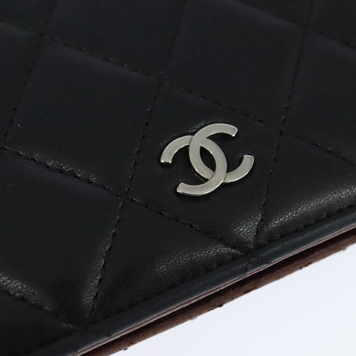 CHANEL Matelasse Long Wallet Lamb Skin Black Silver CC Auth 151173