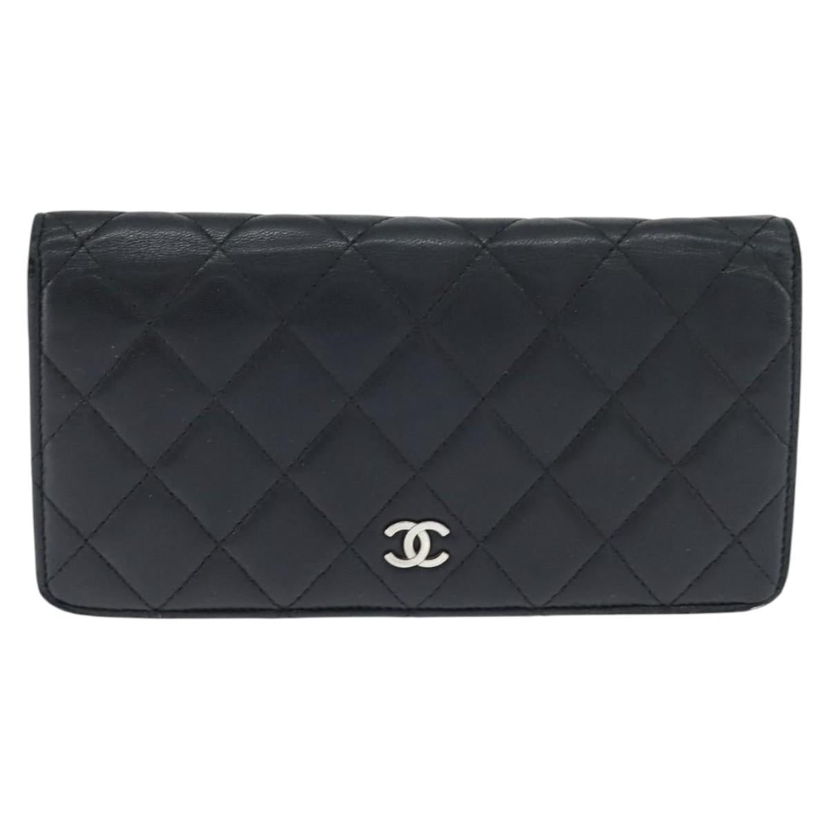 CHANEL Matelasse Long Wallet Lamb Skin Black Silver CC Auth 151173