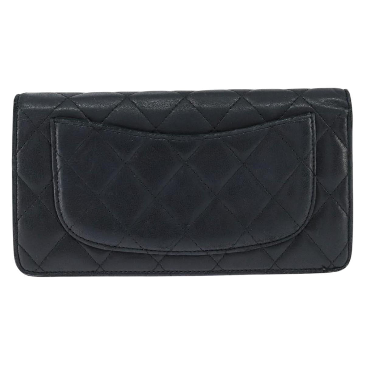 CHANEL Matelasse Long Wallet Lamb Skin Black Silver CC Auth 151173