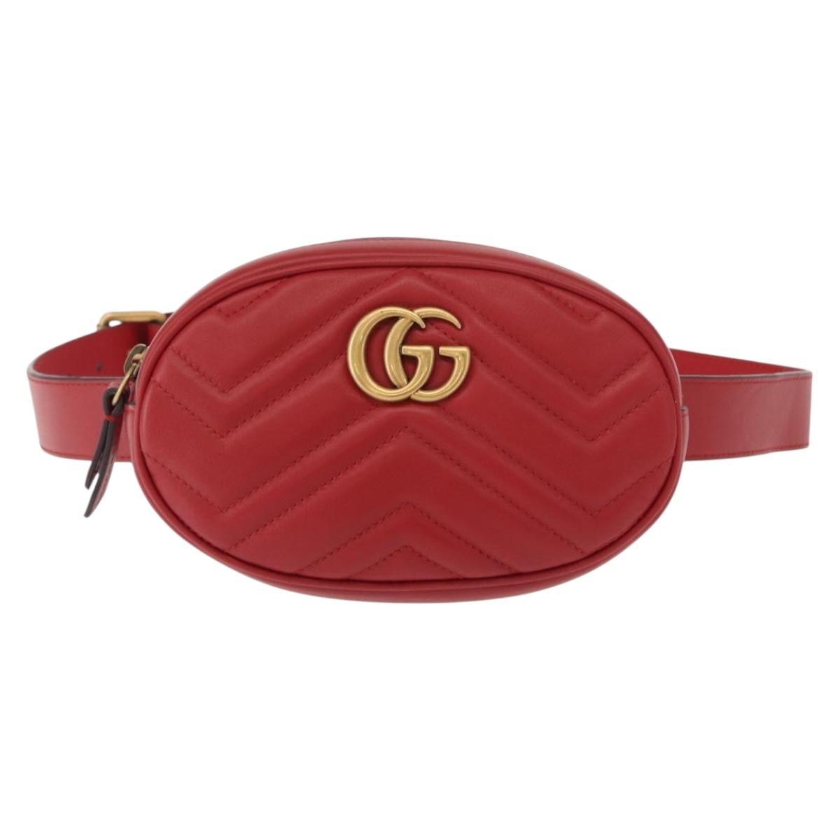 GUCCI GG Marmont Waist Bag Leather Red Gold 476434 Auth 151177M