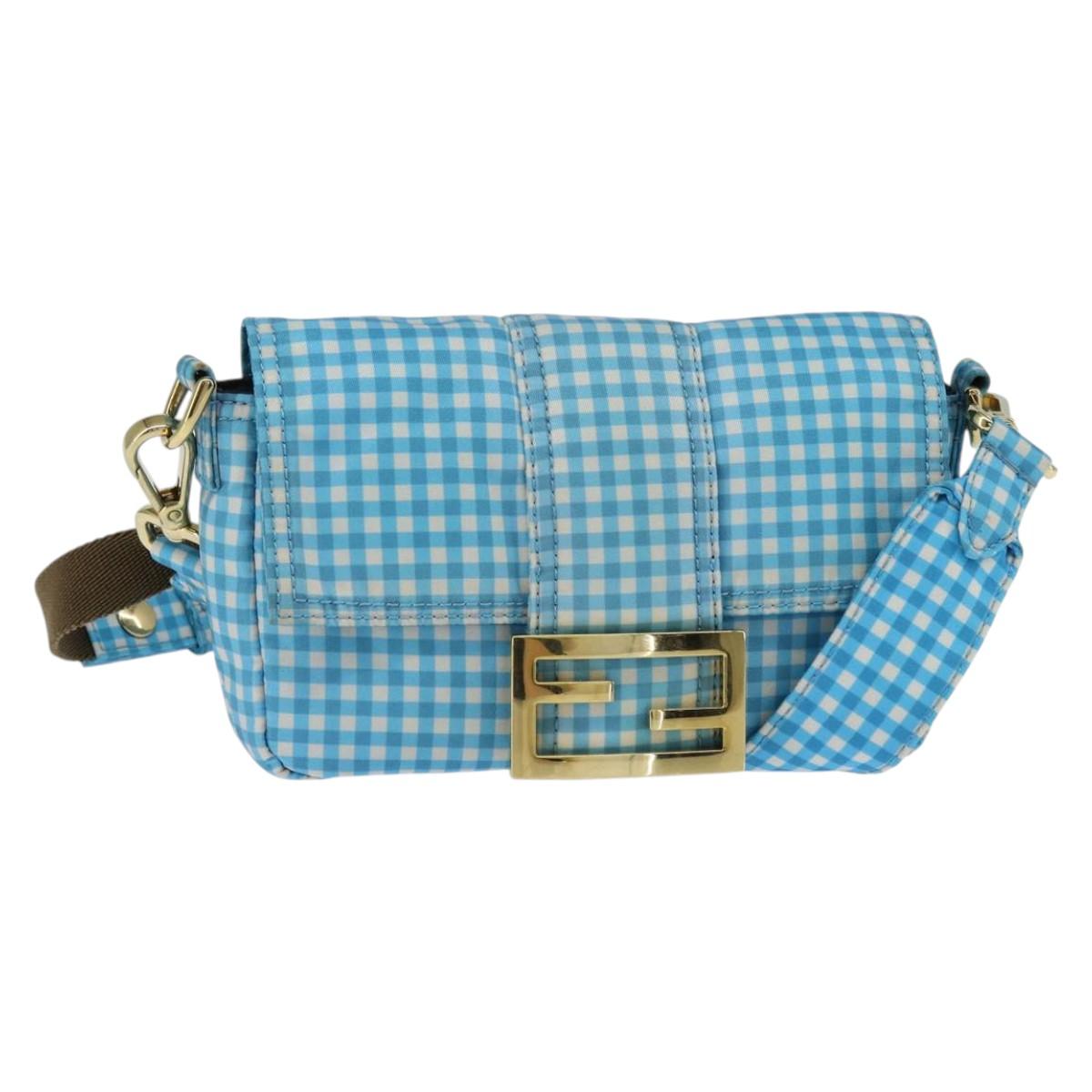 FENDI Mamma Baguette Shoulder Bag Nylon 2way Blue Gold Auth 151178