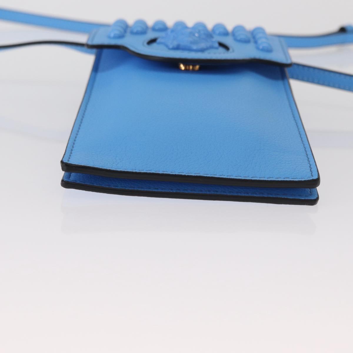 VERSACE Phone Pouch Shoulder Bag Leather 2way Light Blue Gold Auth 151198V