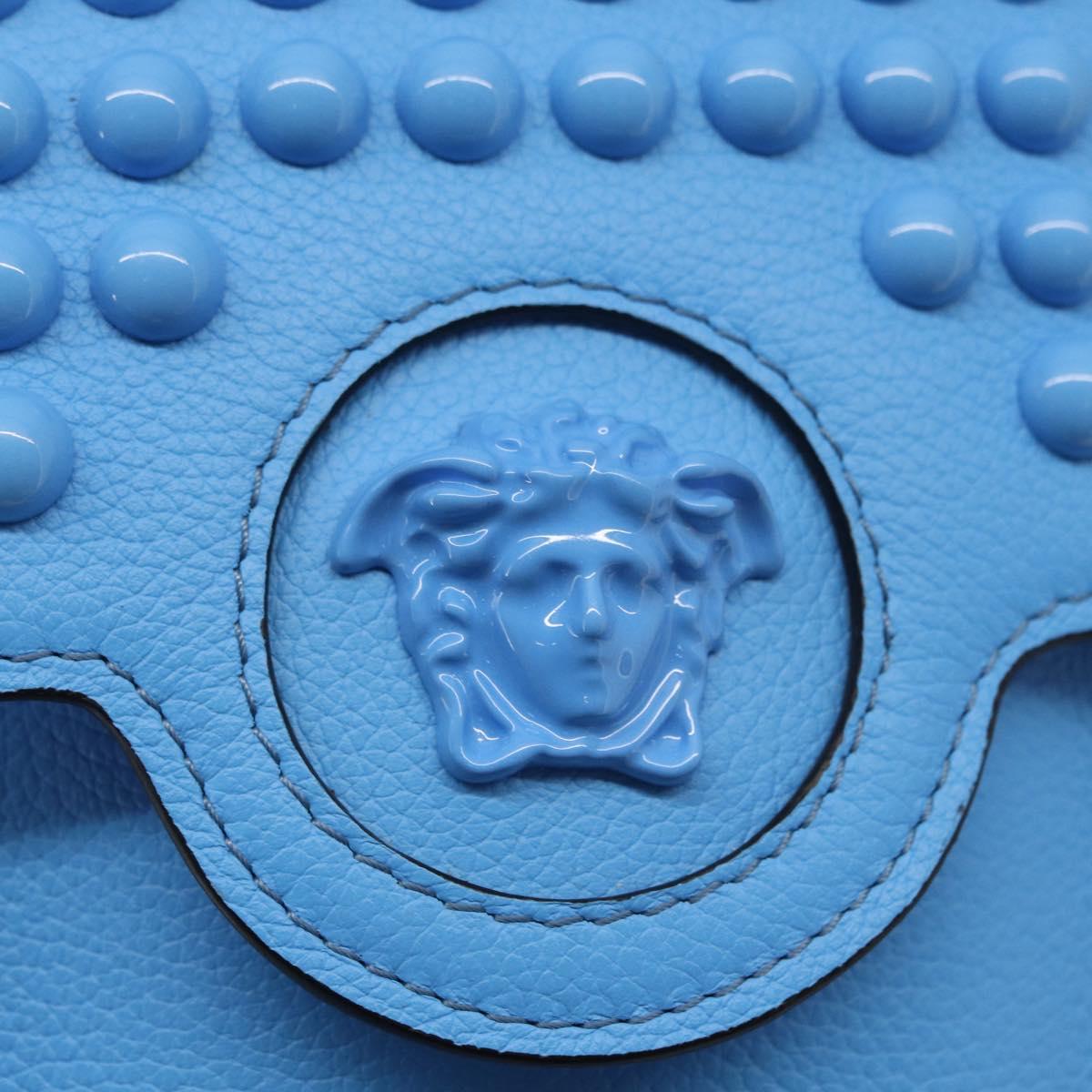 VERSACE Phone Pouch Shoulder Bag Leather 2way Light Blue Gold Auth 151198V