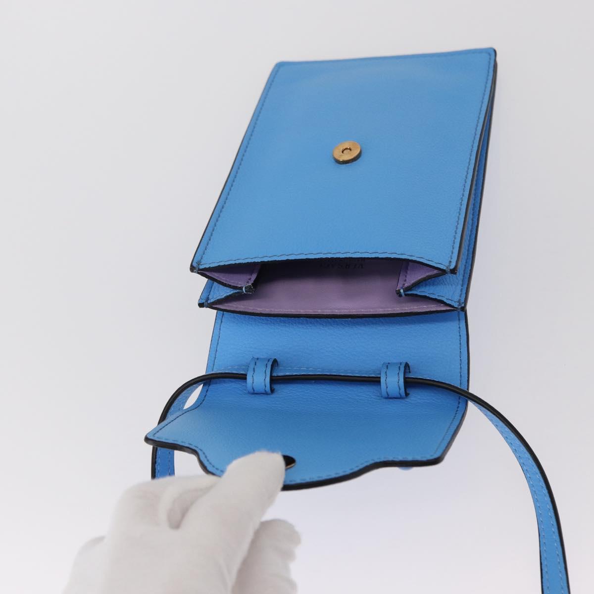 VERSACE Phone Pouch Shoulder Bag Leather 2way Light Blue Gold Auth 151198V