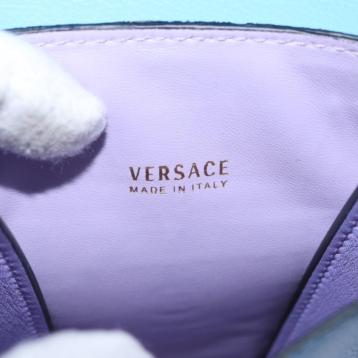 VERSACE Phone Pouch Shoulder Bag Leather 2way Light Blue Gold Auth 151198V