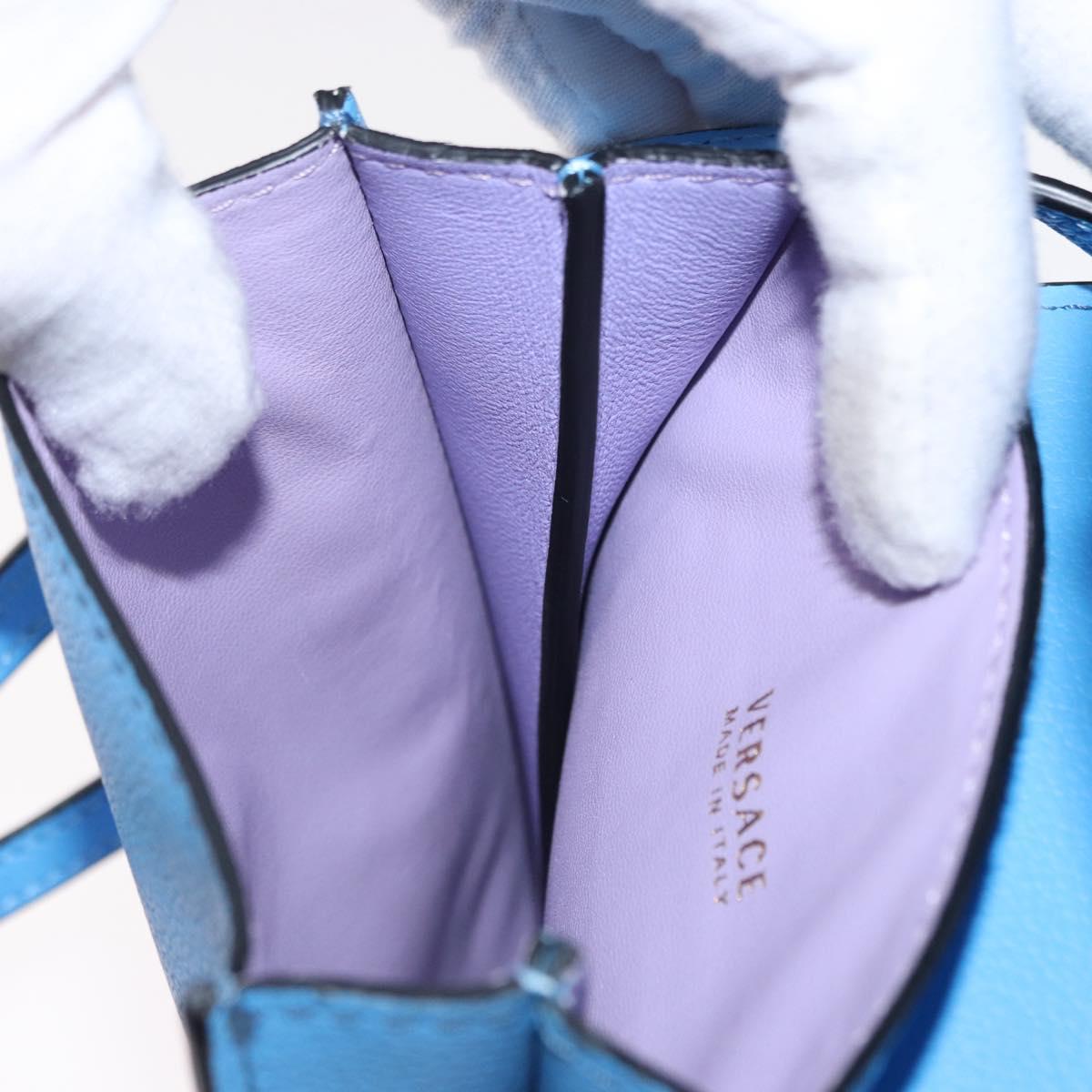 VERSACE Phone Pouch Shoulder Bag Leather 2way Light Blue Gold Auth 151198V