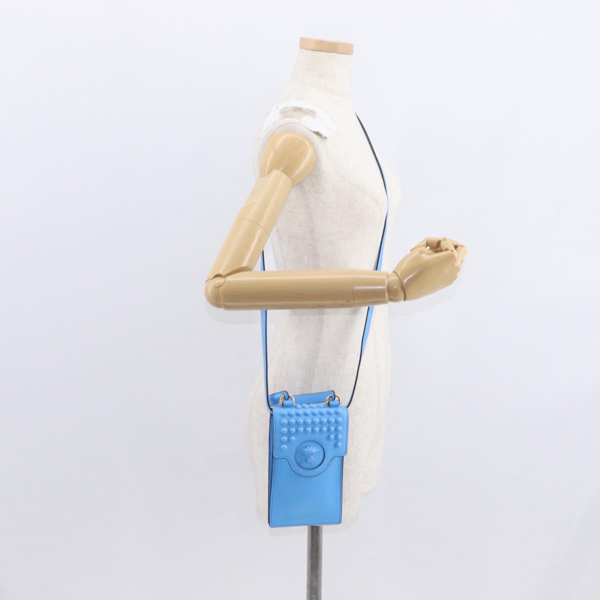 VERSACE Phone Pouch Shoulder Bag Leather 2way Light Blue Gold Auth 151198V