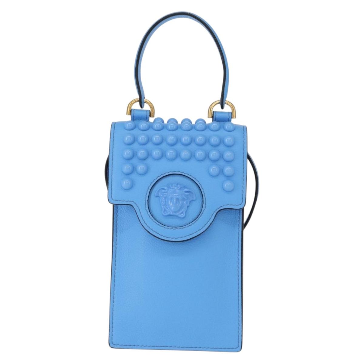 VERSACE Phone Pouch Shoulder Bag Leather 2way Light Blue Gold Auth 151198V