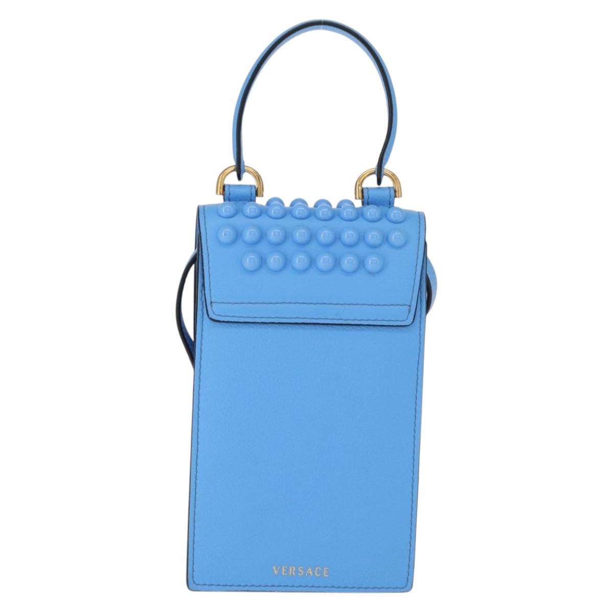 VERSACE Phone Pouch Shoulder Bag Leather 2way Light Blue Gold Auth 151198V