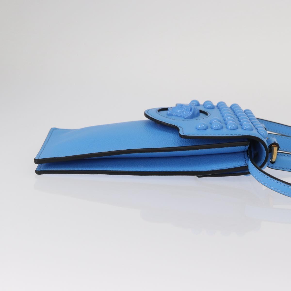 VERSACE Phone Pouch Shoulder Bag Leather 2way Light Blue Gold Auth 151198V