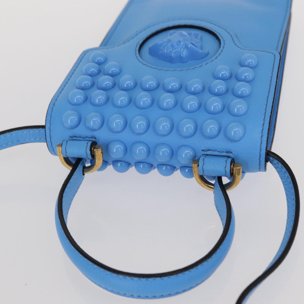 VERSACE Phone Pouch Shoulder Bag Leather 2way Light Blue Gold Auth 151198V