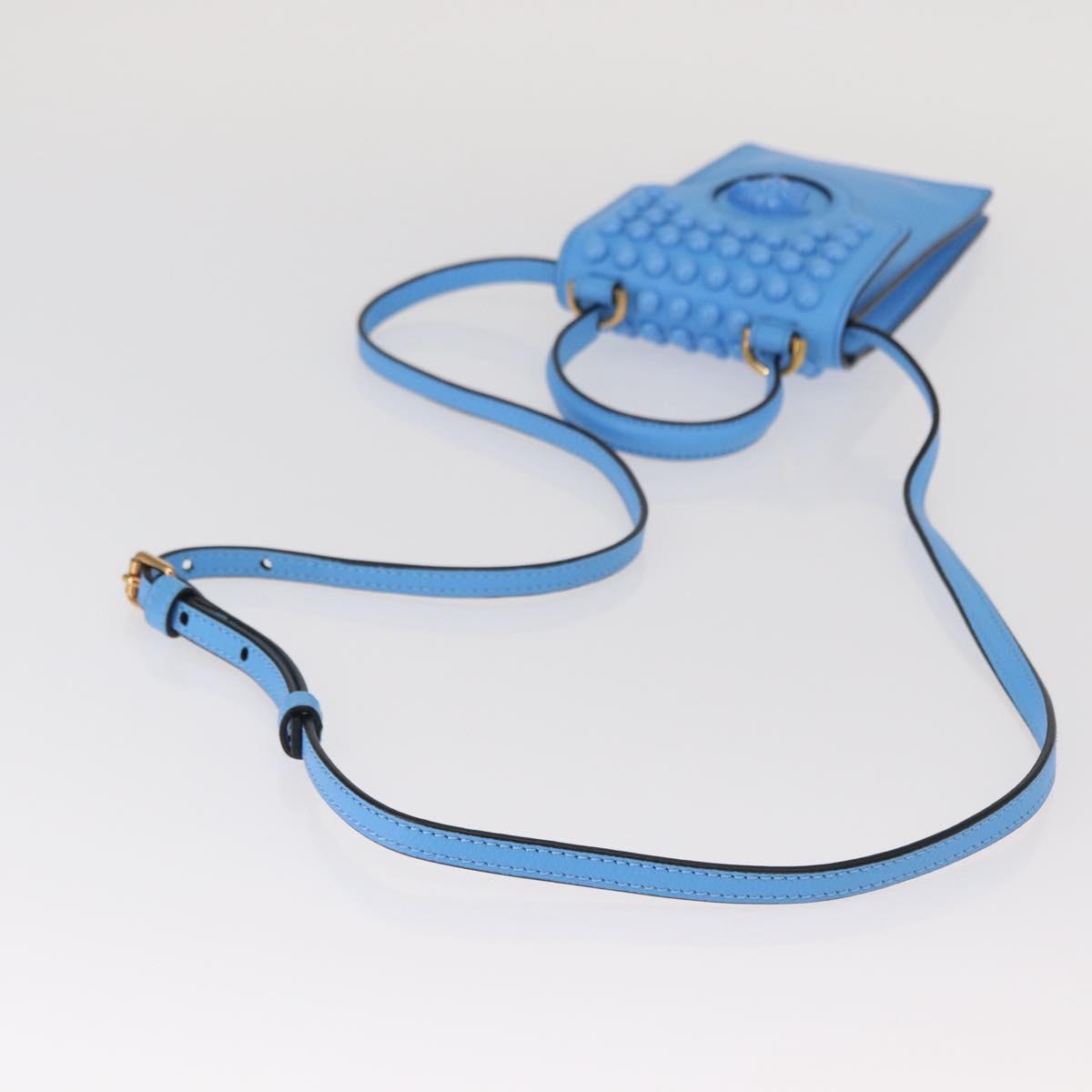 VERSACE Phone Pouch Shoulder Bag Leather 2way Light Blue Gold Auth 151198V