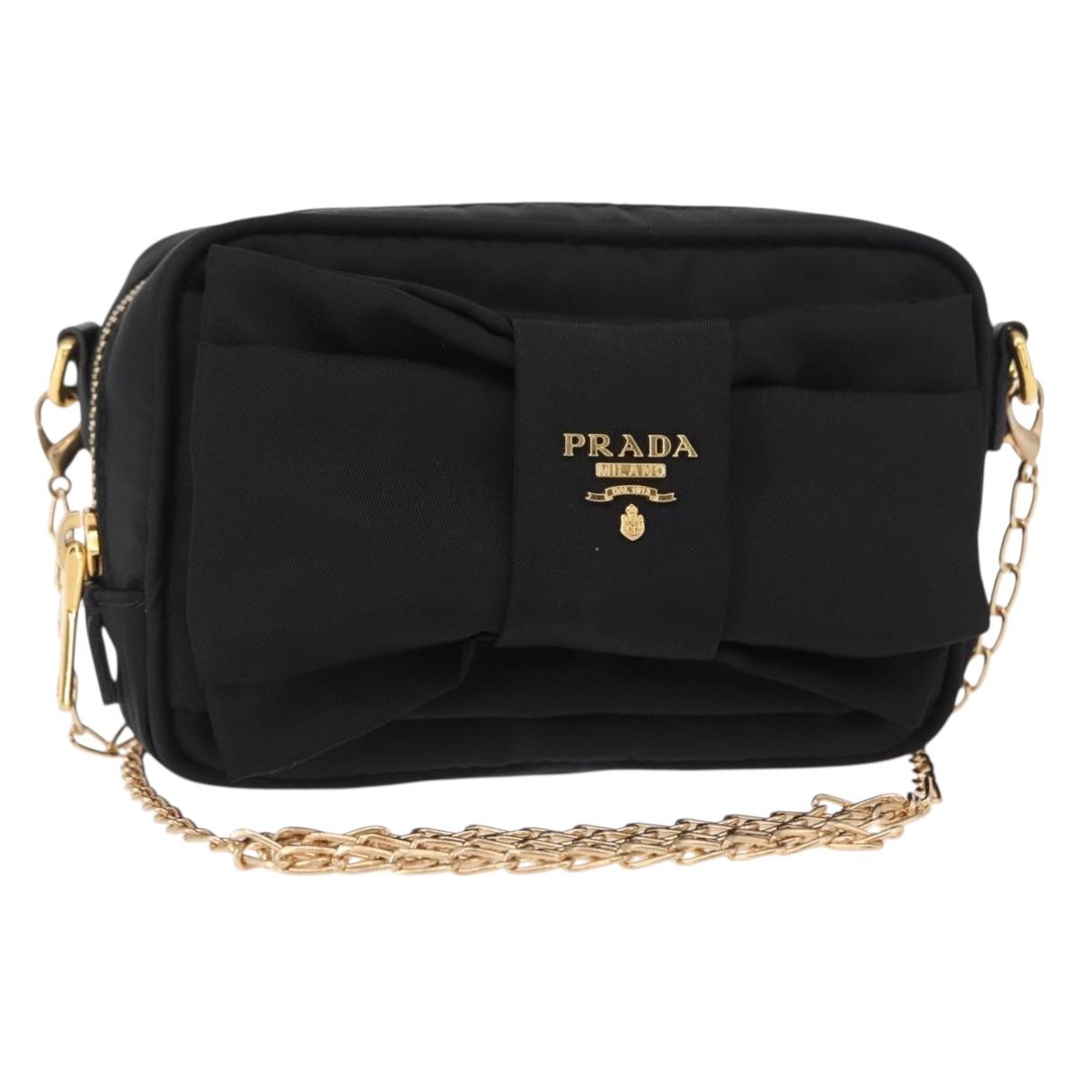 PRADA Chain Shoulder Bag Nylon Black Gold Auth 151199V
