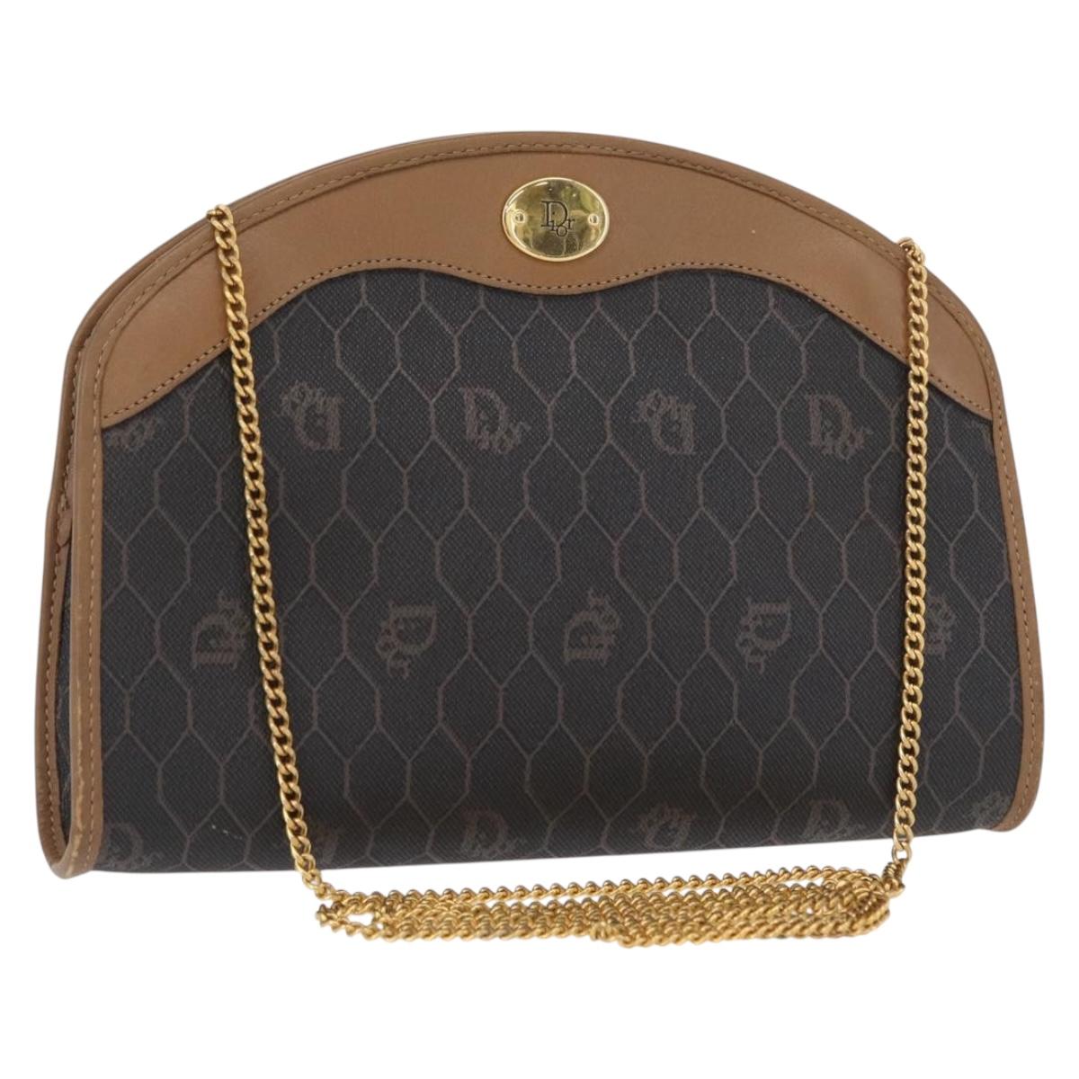 Christian Dior Honeycomb Canvas Chain Shoulder Bag PVC Black Gold Auth 151236
