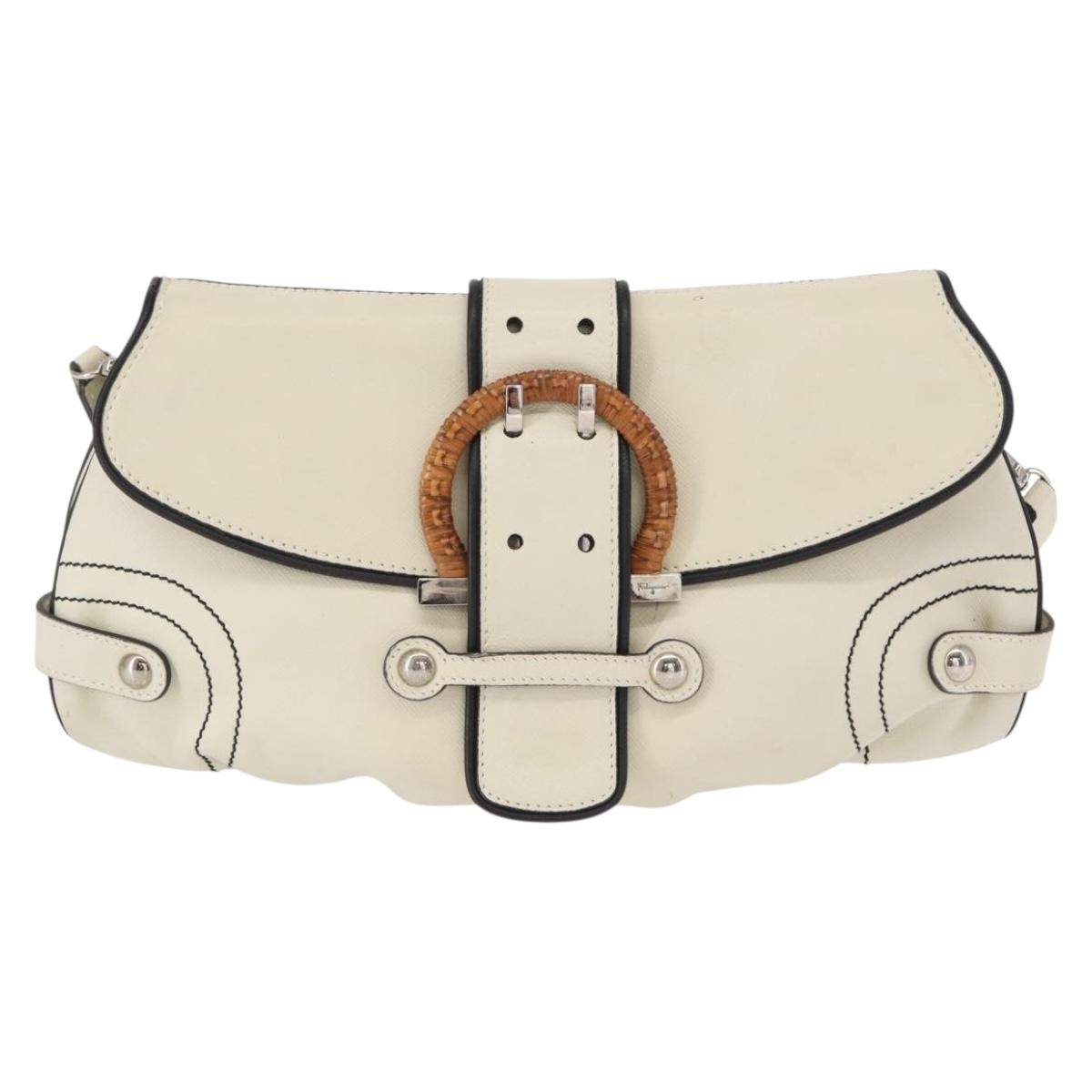 Salvatore Ferragamo Gancini Shoulder Bag Leather Silver White Auth 151258