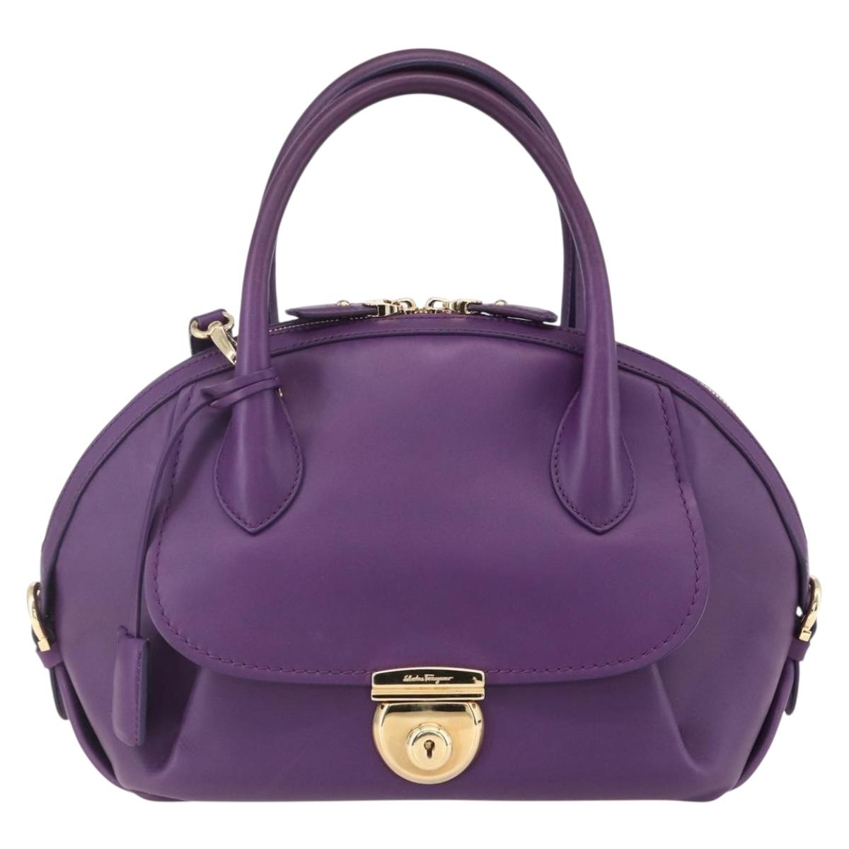 Salvatore Ferragamo Gancini Hand Bag Leather 2way Purple Gold Auth 151259