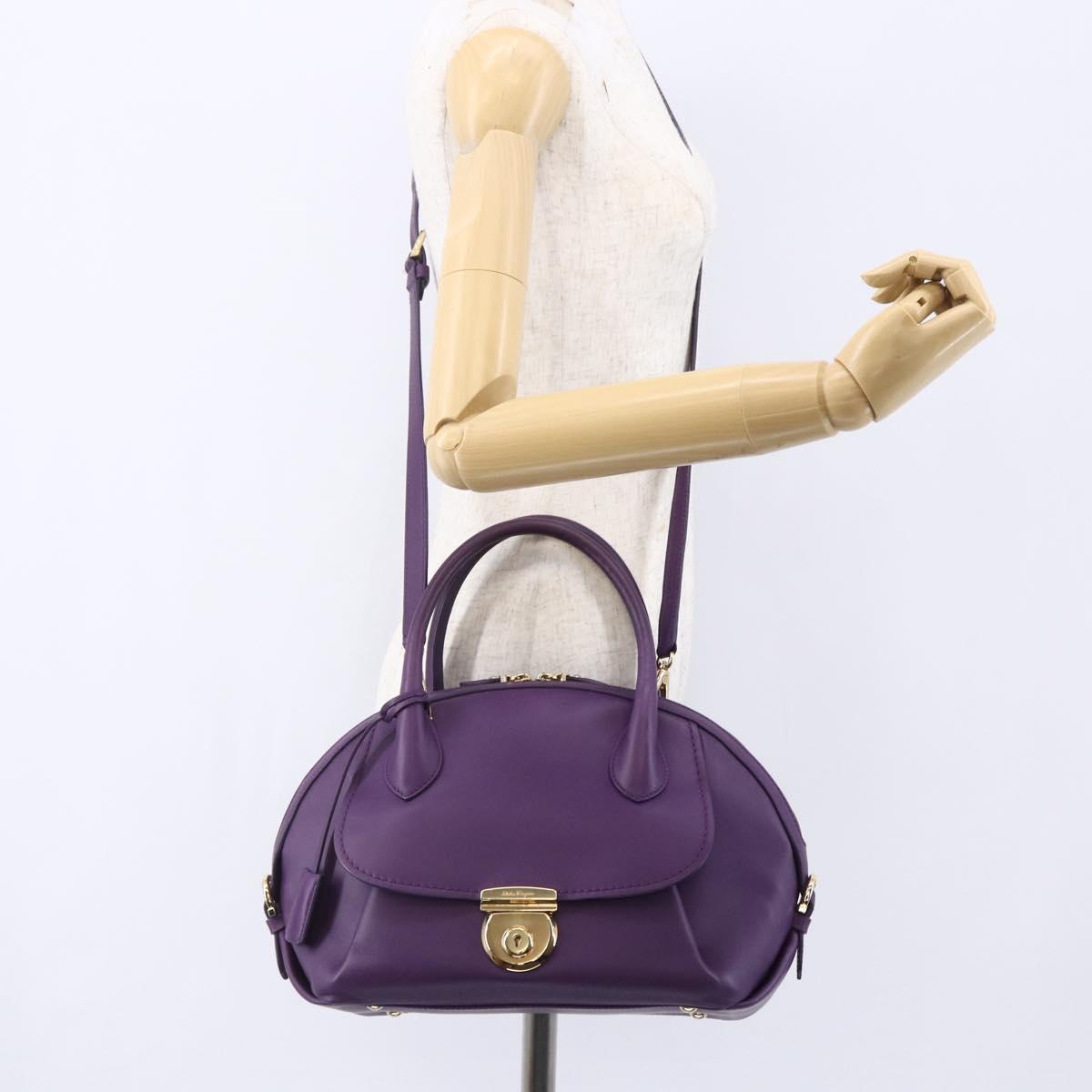 Salvatore Ferragamo Gancini Hand Bag Leather 2way Purple Gold Auth 151259