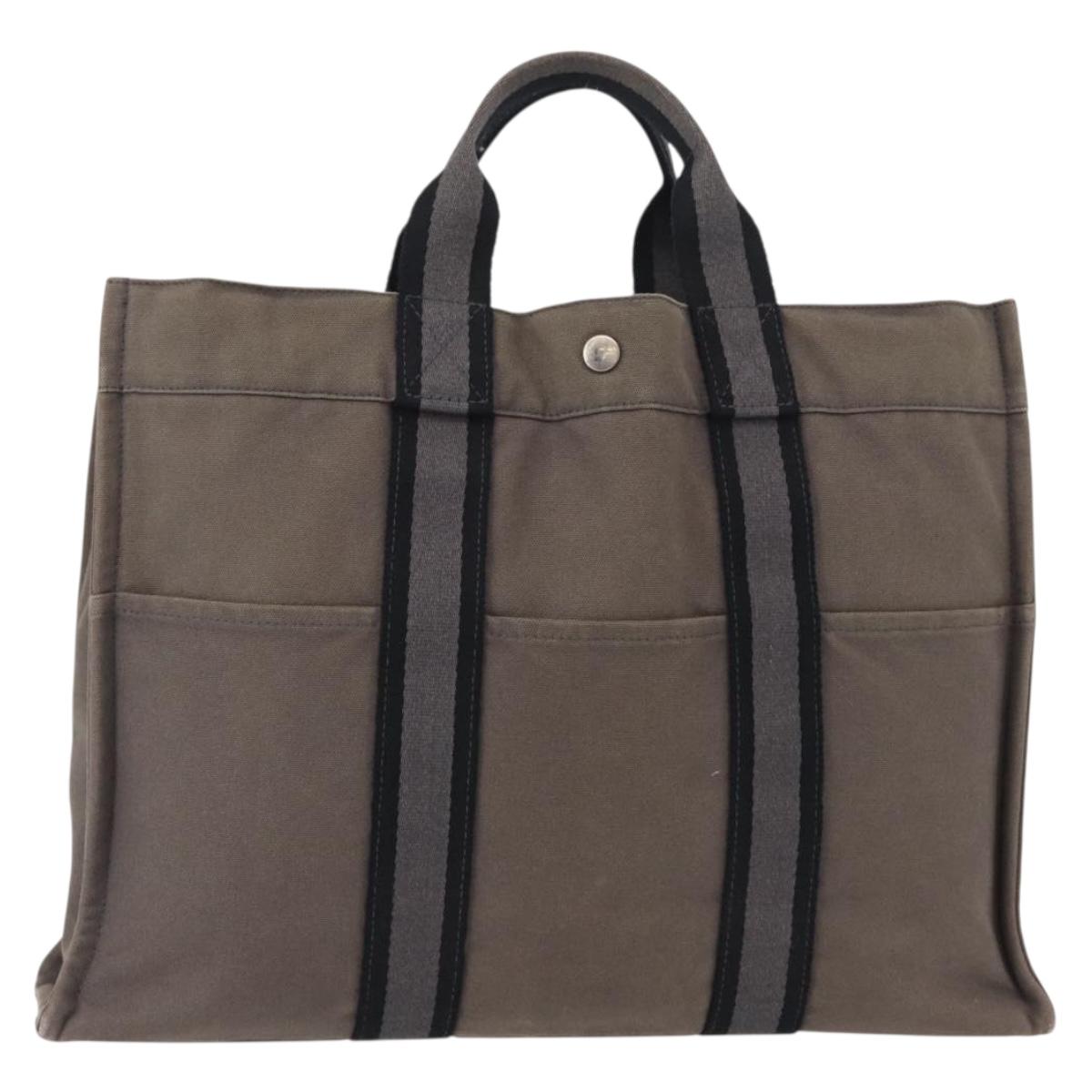HERMES Fourre ToutMM Hand Bag Canvas Gray Silver Auth 151280