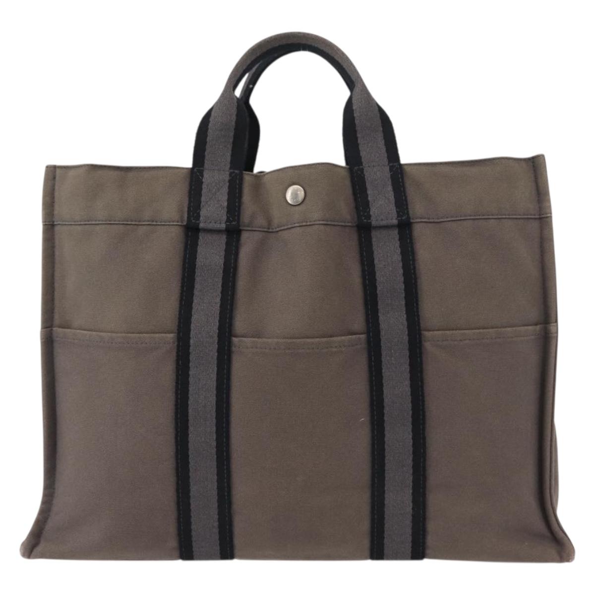 HERMES Fourre ToutMM Hand Bag Canvas Gray Silver Auth 151280