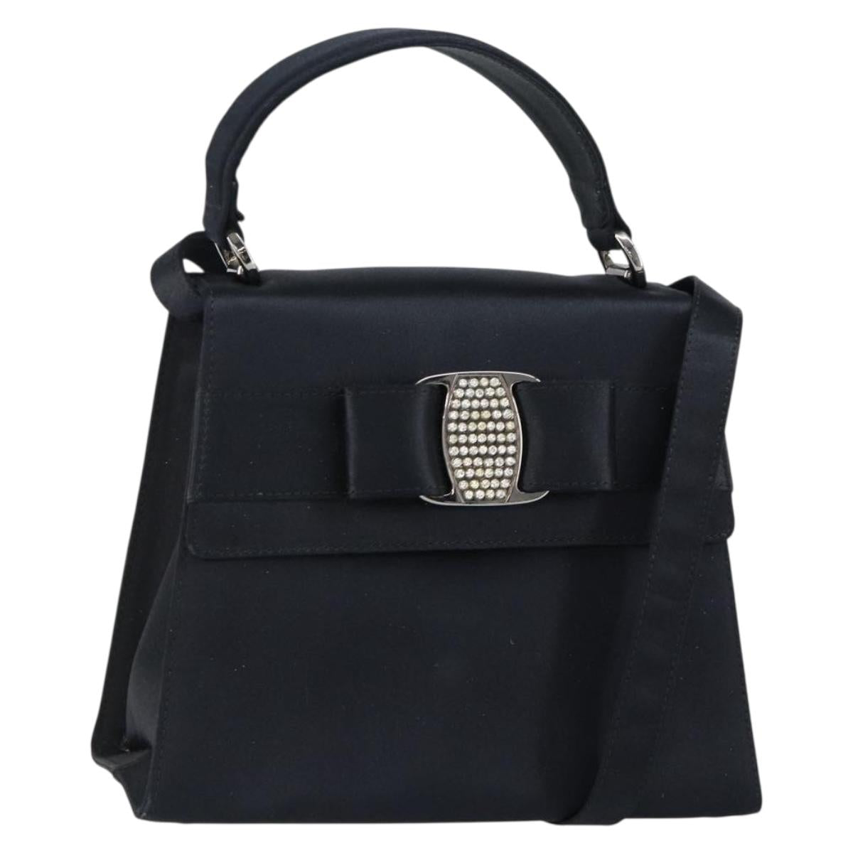 Salvatore Ferragamo Vala Hand Bag Satin 2way Black Silver Auth 151299