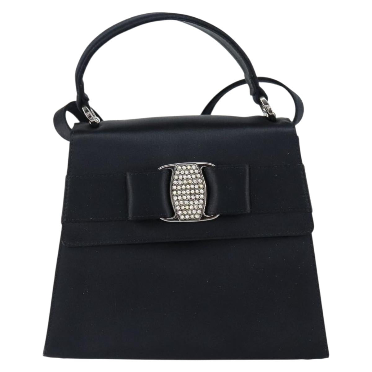 Salvatore Ferragamo Vala Hand Bag Satin 2way Black Silver Auth 151299