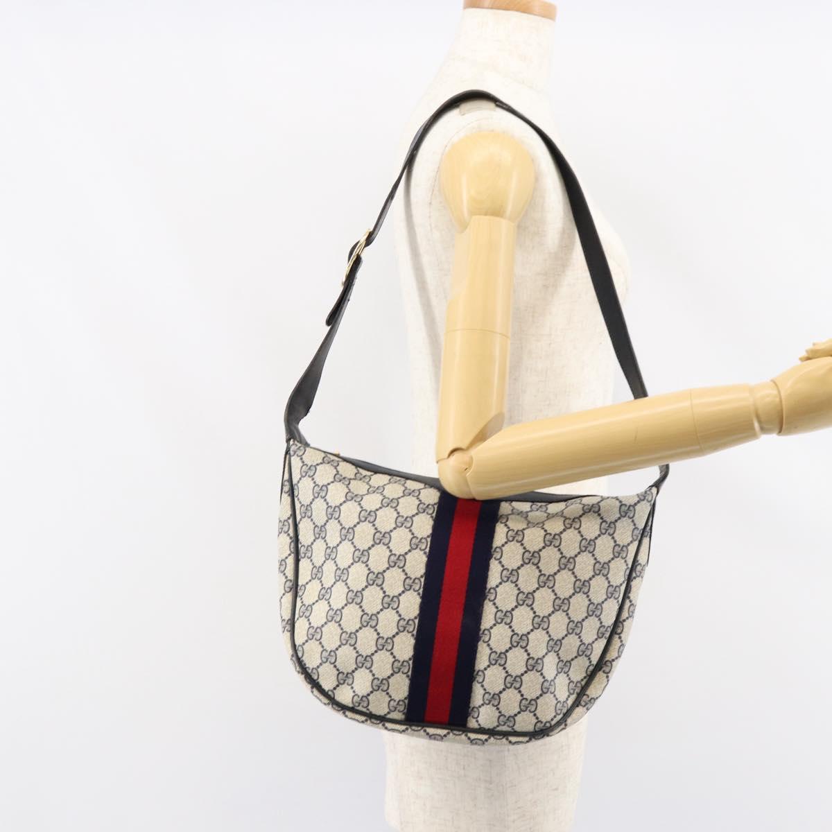 GUCCI GG Supreme Sherry Line Shoulder Bag PVC Navy Gold Red Auth 151330