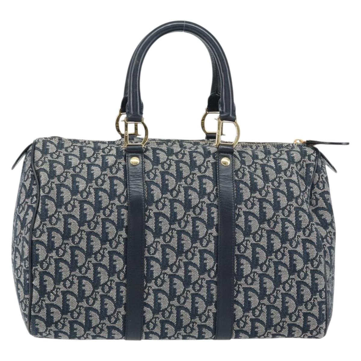 Christian Dior Trotter Canvas Boston Bag Navy Gold Auth 151345V